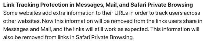 Screenshot of Apple's press release announcing Link Tracking Protection for Safari Private Browsing, Mail and Messages