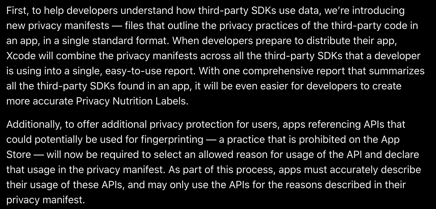 Illustration of iOS 17 Privacy Manifests requiring apps and SDKs to declare data use and blocking tracking domains